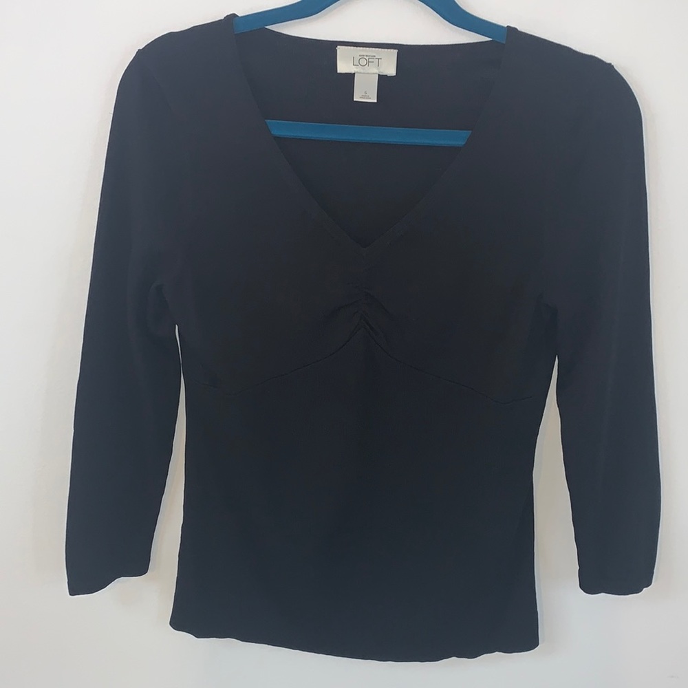 Loft Fine Knit Stretch Saturated Black Ruched V-Neck Empire Waist Elbow Sleeve